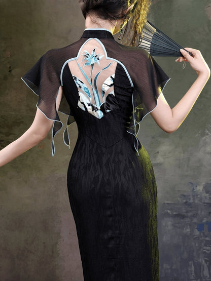 Cheongsam Style Side Slit Gown with Dark Floral Embroidery Back & Flutter Sleeves - sijinstudio