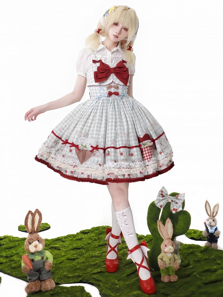 Kirschkleid Print Blau Lolita Süßer Pullover Rock Rot Gingham