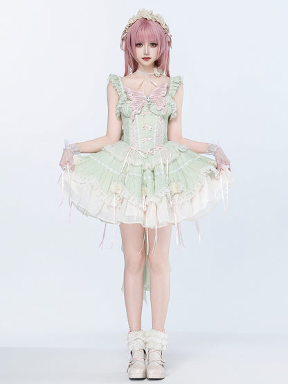 Fairy Light Green Boned Corset Waist Dress - Princess Lolita Jumper Skirt with Flowers - DevilInspired Exclusive Collection