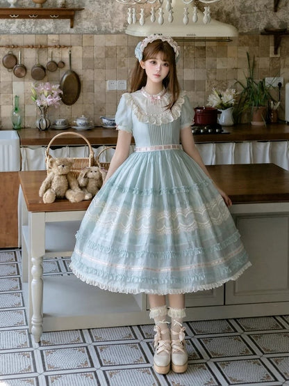 Mint Green Puff Sleeve Lace Trim Elegant Lolita Gown - Pumpkin Planet