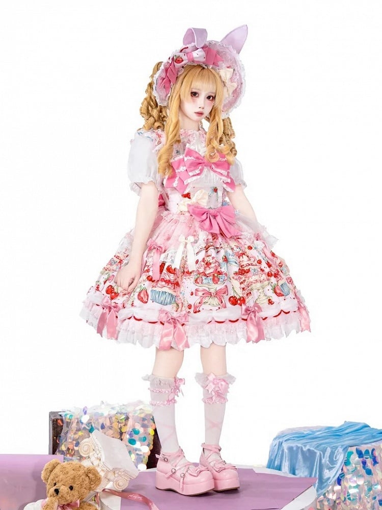 Akzente Druck mit Schleife Erdbeere und Süßkirsche Rosa Lolita Mode Kleid Licht