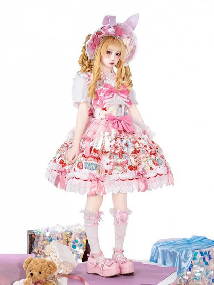 Akzente Druck mit Schleife Erdbeere und Süßkirsche Rosa Lolita Mode Kleid Licht