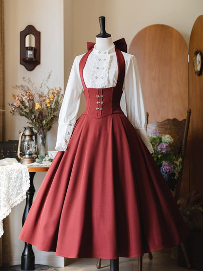 Roter langer Herbst-Vintage-Rock mit abnehmbarem Neckholder-Träger und hoher Taille