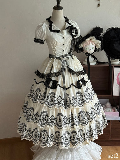 White Blouse Trim Black Lolita Pattern Scalloped Edge with Skirt Puff + Elegant Layered Rabbit Sleeves Set