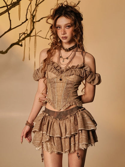 Brown Chiffon Tiered Ruffled Skirt with Lace and Shorts - Virtual Orbit