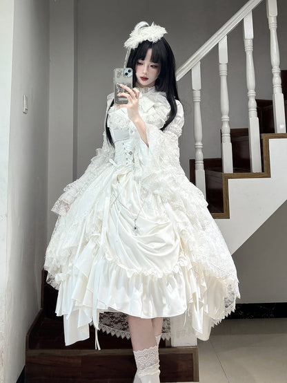 Boned White Lolita Skirt Gothic Waist Drawstring Corset / Under