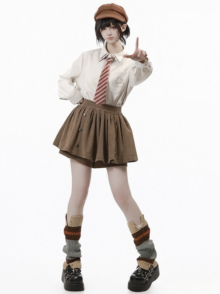 Fall Kawaii Brown Corduroy Skirt with Button Accents - PINK SAVIOR