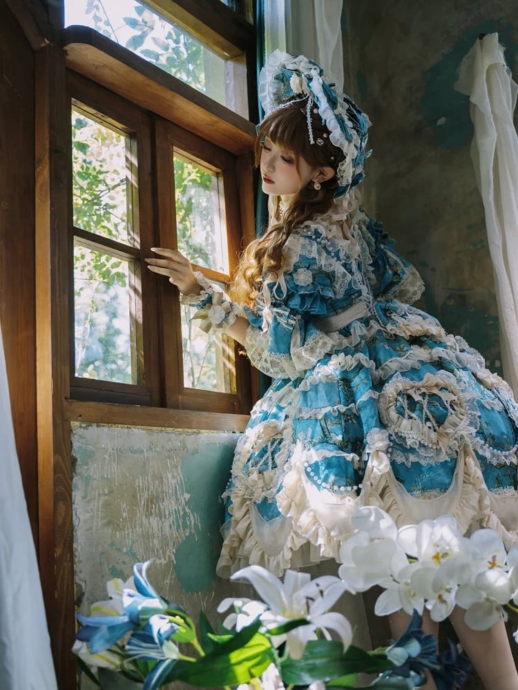 Floral Blue Edge with Hem Lolita Dress Print Scalloped Hime Lace