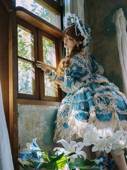 Floral Blue Edge with Hem Lolita Dress Print Scalloped Hime Lace