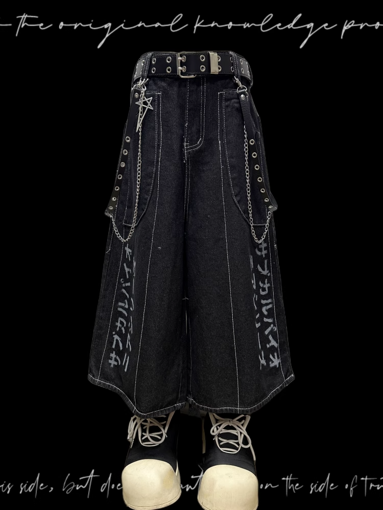 Jeansshorts Y2K Schwarzer Buchstabendruck Weites Bein