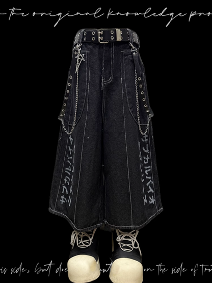 Jeansshorts Y2K Schwarzer Buchstabendruck Weites Bein