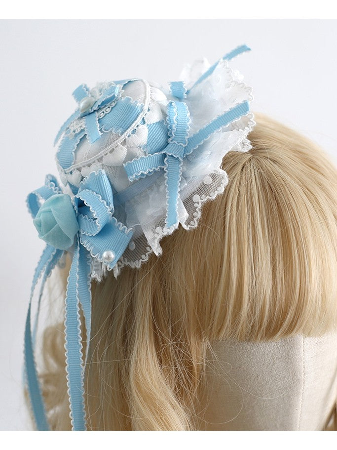 Weißblaues Design Schleife Blumenhut mit und Herz Süße Mini Lolita Clips Details