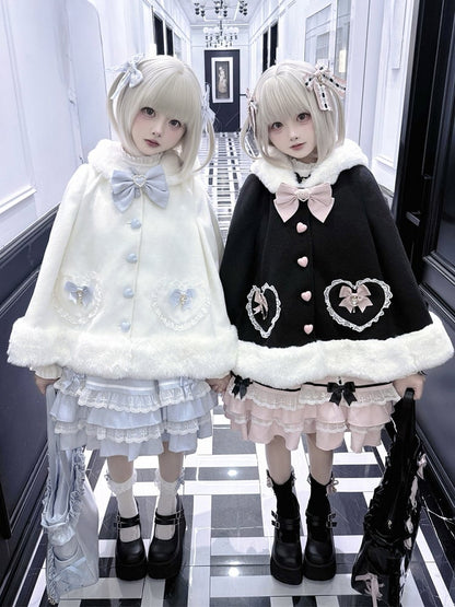 in / Cape Hooded Plush with Trimmed Bow Kei Accents Black Blue Jirai White Applique Pink Sweetheart