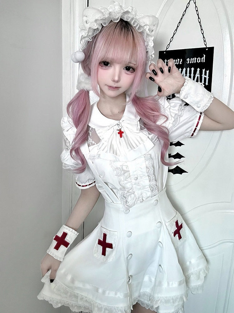White Lace Blouse & Skirt Set with Straps & Bow - Shi Zhai Xin