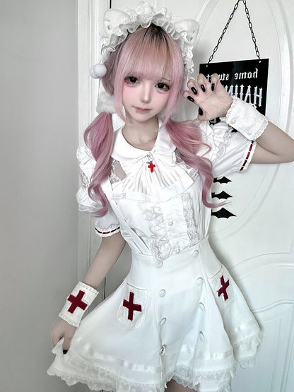 White Lace Blouse & Skirt Set with Straps & Bow - Shi Zhai Xin