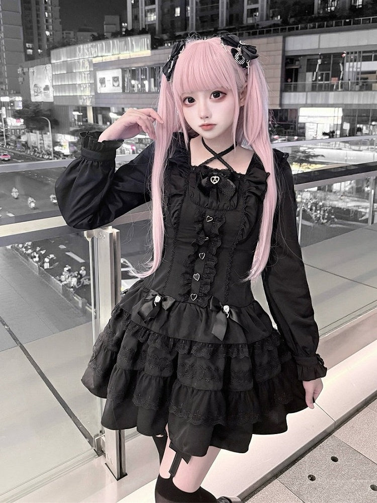 Jirai Kei Pure Black Halter-Neck Tiered Ruffle Dress with Bow Accents & Long Sleeves - Puppet Bombs