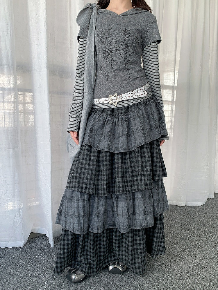 Gray Skirt Patchwork Maxi Tiered Design Plaid with