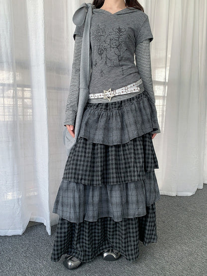 Gray Skirt Patchwork Maxi Tiered Design Plaid with
