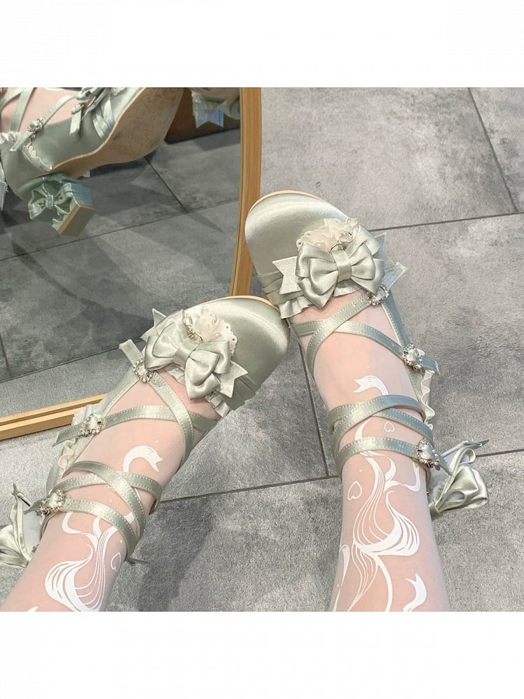 Light Green Sweet Lolita Round Toe Shoes with 8cm Bowknot High Heel - Aimee