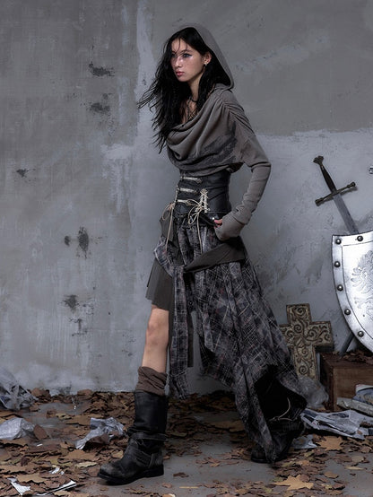 Asymmetrical Rock Front Ties with Vintage PU Hemline Knotted Punk Black Waistband Triangular Skirt Plaid