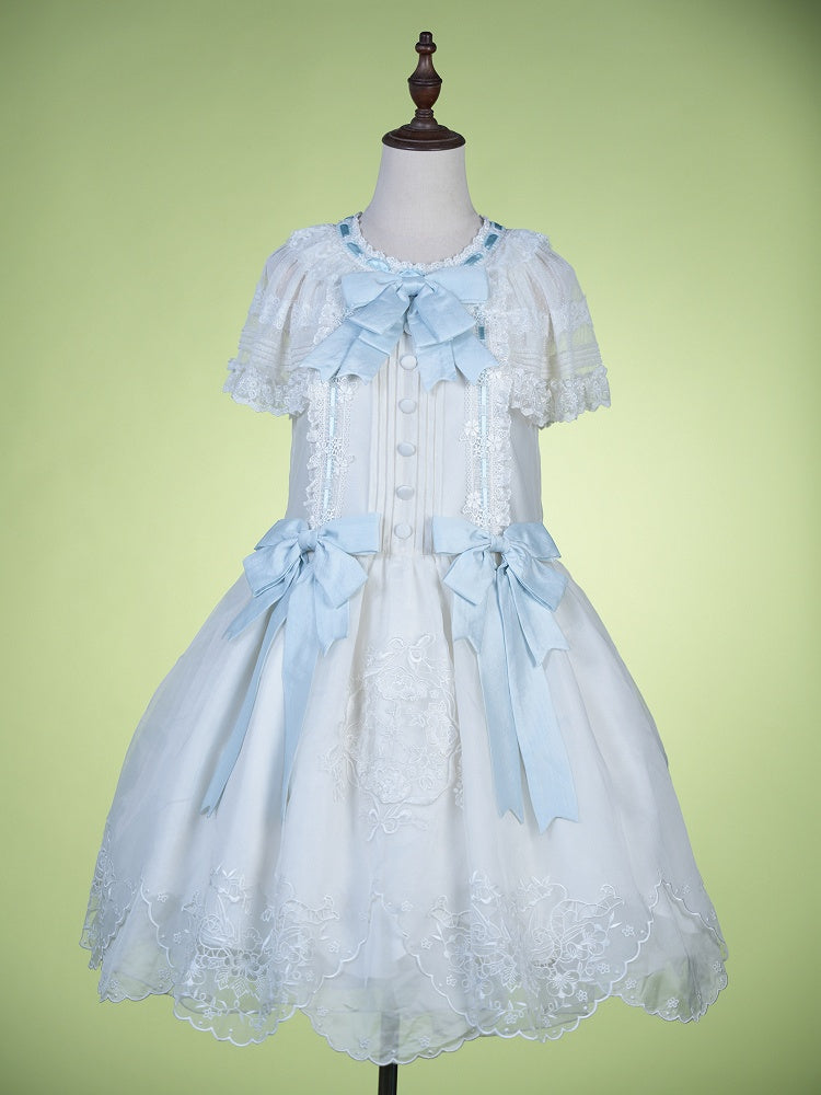 White Flutter Sleeve Lolita Dress with Bows and Scallop Trim