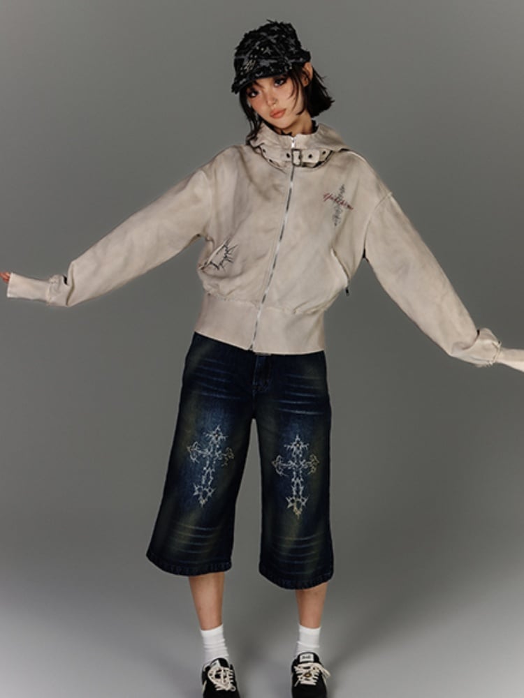 Strap Apricot Distressed Zip Closure Hoodie Wasteland Buckle Punk