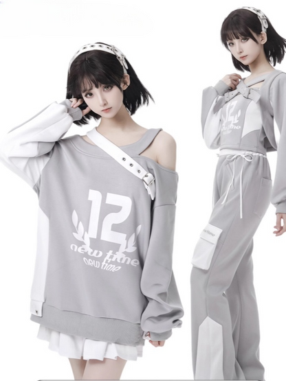 デザインカラーブロック グレー ホワイト アシンメトリーネックライン カットアウトショルダー スプリングスウェットシャツ