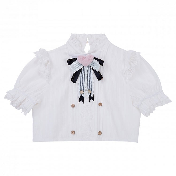 White and Gold Shirt Black Buttons Lolita Heart-Shaped Bow with Ruffled