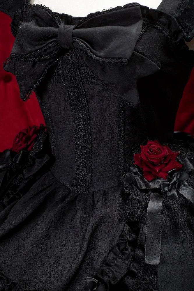 with Black Gothic Lolita Straps Dress Jacquard Shoulder Bat-wing Curved