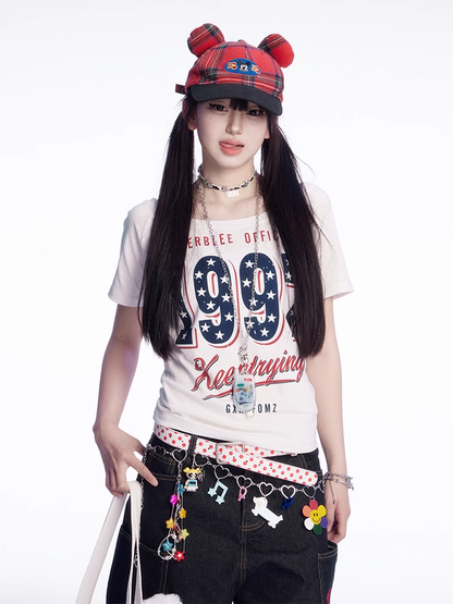 ホワイトネック ヴィンテージ ラウンド アシンメトリーネックライン ナンバープリント