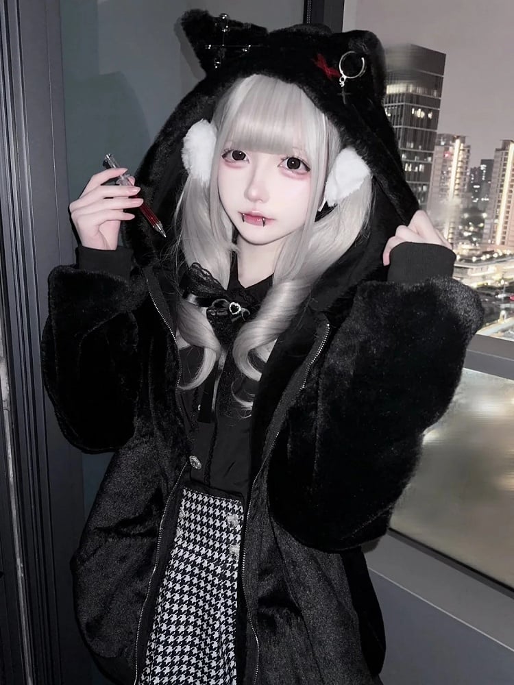 Coat Ear Kei Thickened Fleece Black Hooded Safety Jirai Kitty Version Pin Decor