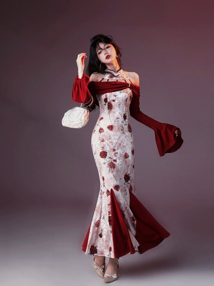 Elegant Long Fish Tail Dress with Rose Print & Cutout Shoulder - sijinstudio