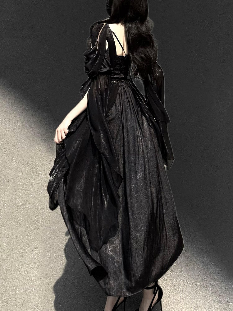 Embroidery Flowing and Sleeves Dress Black Golden Lolita Greek-inspired Chain Accents with