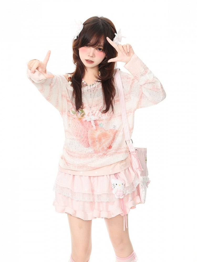 Pink Off Shoulder Long Sleeve Top with Strawberry Print & Rhinestone Details - Languid Park