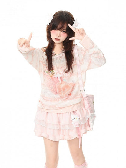 Pink Off Shoulder Long Sleeve Top with Strawberry Print & Rhinestone Details - Languid Park