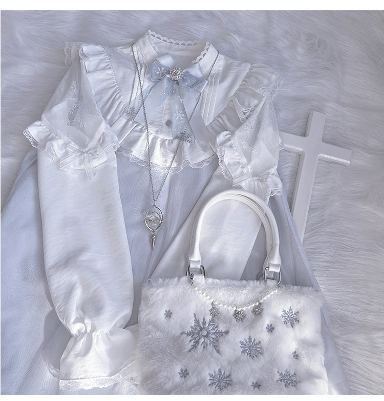 ジライケイ ライトブルー レースパッチショルダー ランドマインスタイル レーストリム ロングスリーブドレス