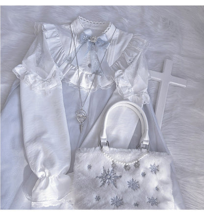 ジライケイ ライトブルー レースパッチショルダー ランドマインスタイル レーストリム ロングスリーブドレス