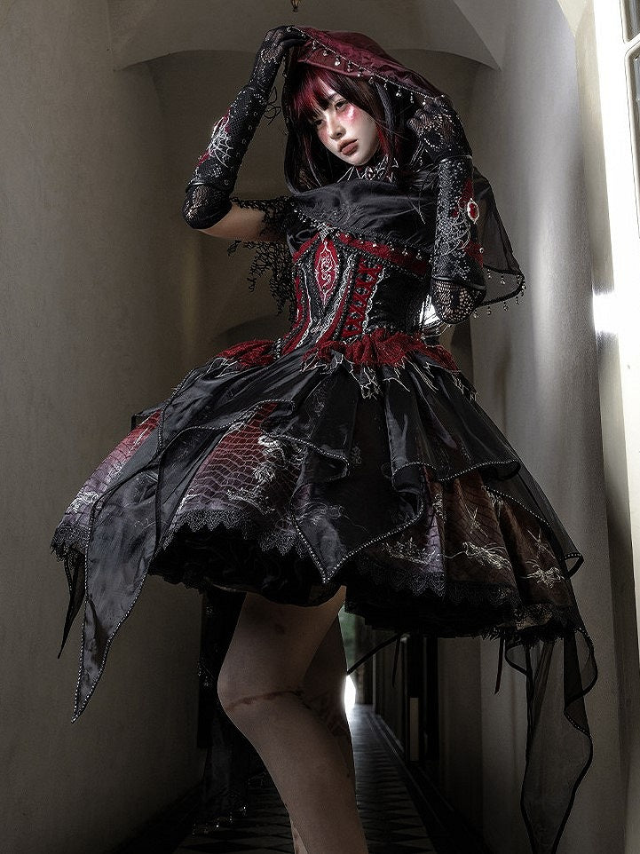 Black & Red Bone Dragon Embroidery Halter Neck Gothic Lolita Dress Set - Ying Luo Fu
