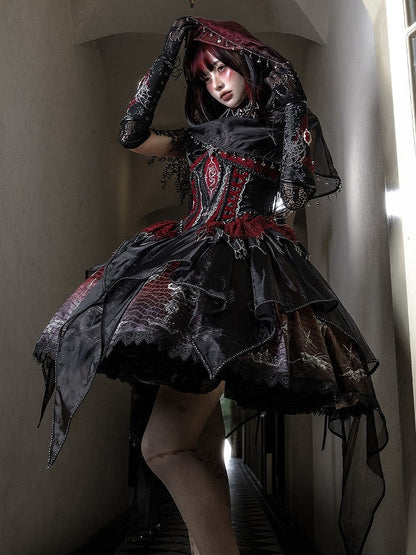 Black & Red Bone Dragon Embroidery Halter Neck Gothic Lolita Dress Set - Ying Luo Fu