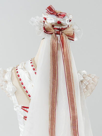 Veil Mini Hat and Red Lolita White with Lace Bowknots Trim