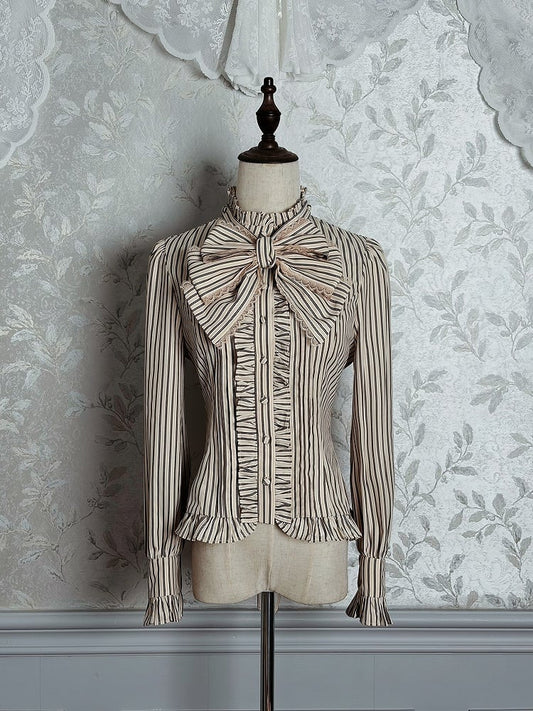 Ruffled Lolita Tie with Brown Bow Blouse Striped