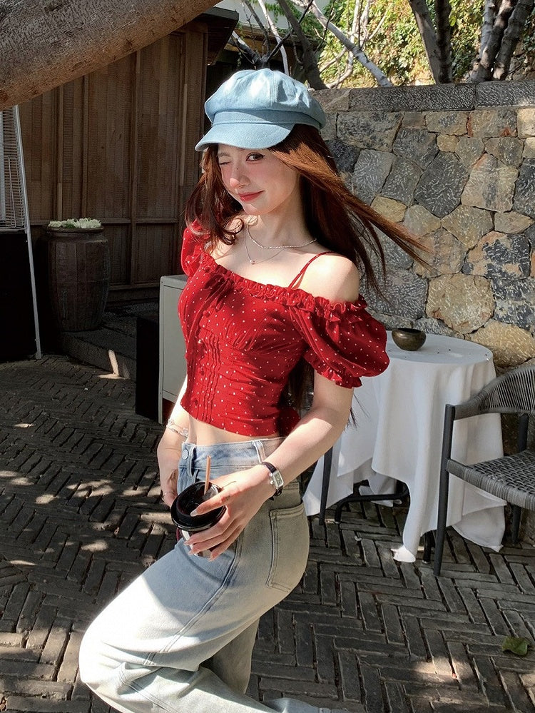 Red Square Neckline Short Sleeve Top with Polka Dot Pattern - Qchiwawameme