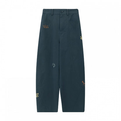 Wide-leg Vintage Embroidery Dark for Pants Winter Cut Autumn Cute - Blue
