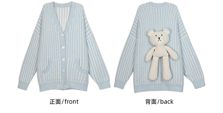 Cute Little Bear Plushie Adorned  Blue Striped Loose Cardigan