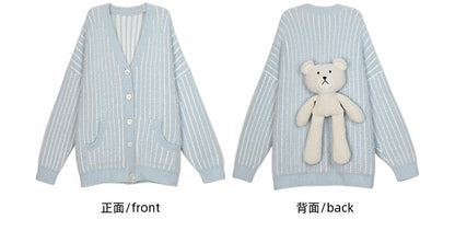 Cute Little Bear Plushie Adorned  Blue Striped Loose Cardigan