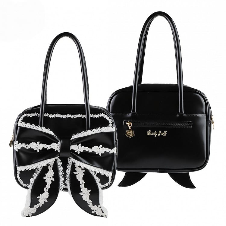 Bag Lolita Bow Sweet PU Square Big Lace with Front School Black White and Old Trim