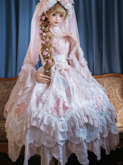 Ruffles Hanayome Light Dress Pink Version Accents with Layered Flowing JSK Lolita Rose Long
