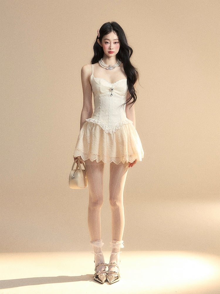 Spaghettiträgerkleid Apricot Herzförmiger Ausschnitt Baskische Taille Puffy