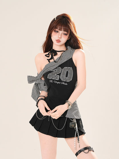 ビッグブラックのアシンメトリーネックラインボウストライプTシャツ