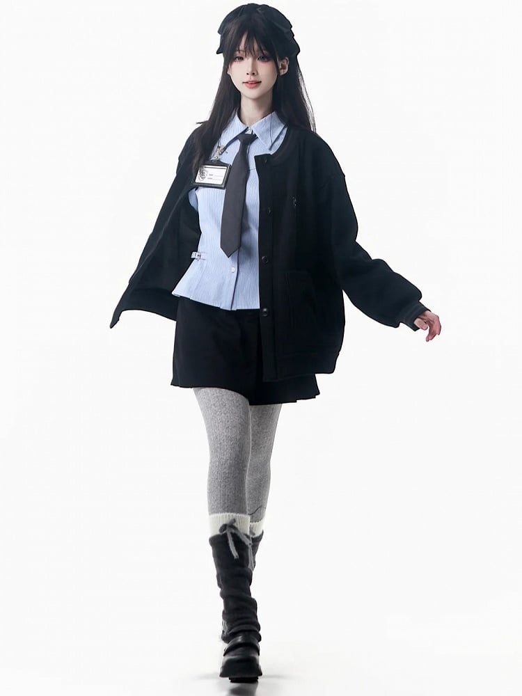 with Embroidered Lining - Black Cardigan Knit Collegiate Style Crest Fleece